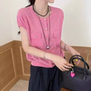 女宽松显瘦百搭纯色上衣 2025夏季 新款 欧货圆领单排扣短袖 针织开衫