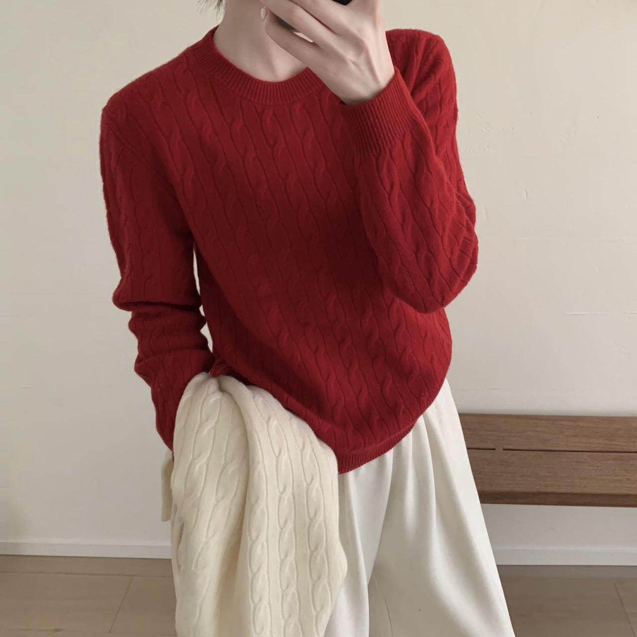 BADX正品冬季韩系麻花圆领慵懒毛衣小众高级感长袖羊毛针织上衣女