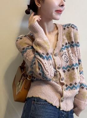 BADX正品韩系V领拼色镂空针织开衫女26新款宽松设计感长袖毛外套