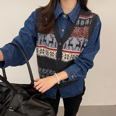 BADX正品复古提花V领开衫毛衣马甲女冬季韩系叠穿衬衫背心两件套