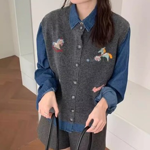 BADX正品卡通马图案针织马甲牛仔衬衫两件套女25冬季欧货女装上衣
