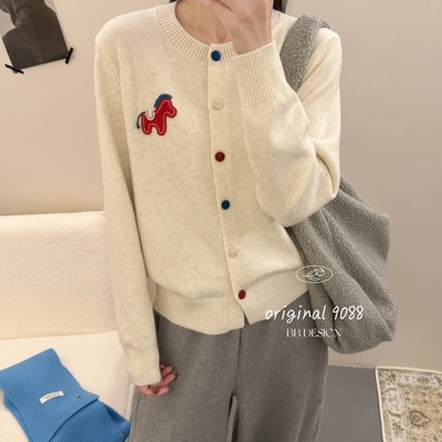 BADX正品韩系卡通小马刺绣毛衣外套女25冬季宽松短款针织开衫上衣