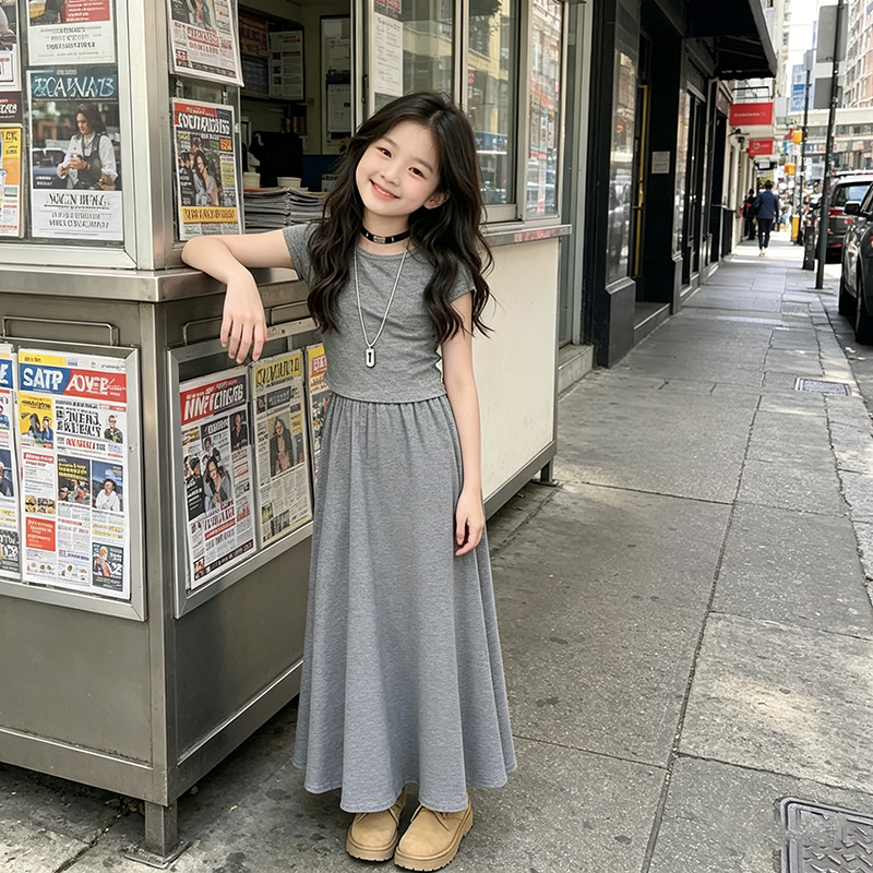 女童短袖套装2026夏季新款童装女孩中小童洋气纯棉T恤长裙两件套