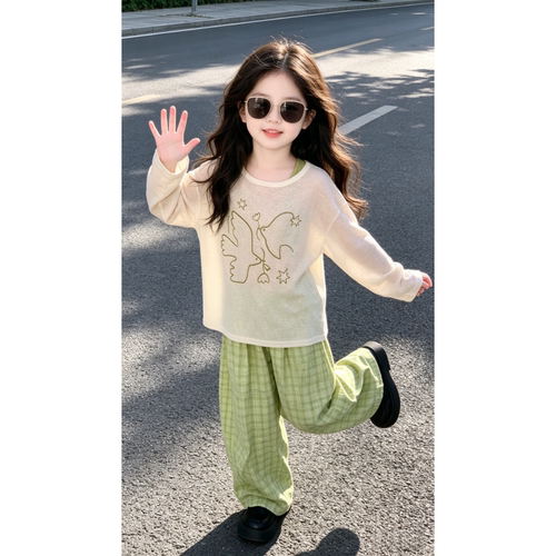 女童夏季防晒格子阔腿裤三件套