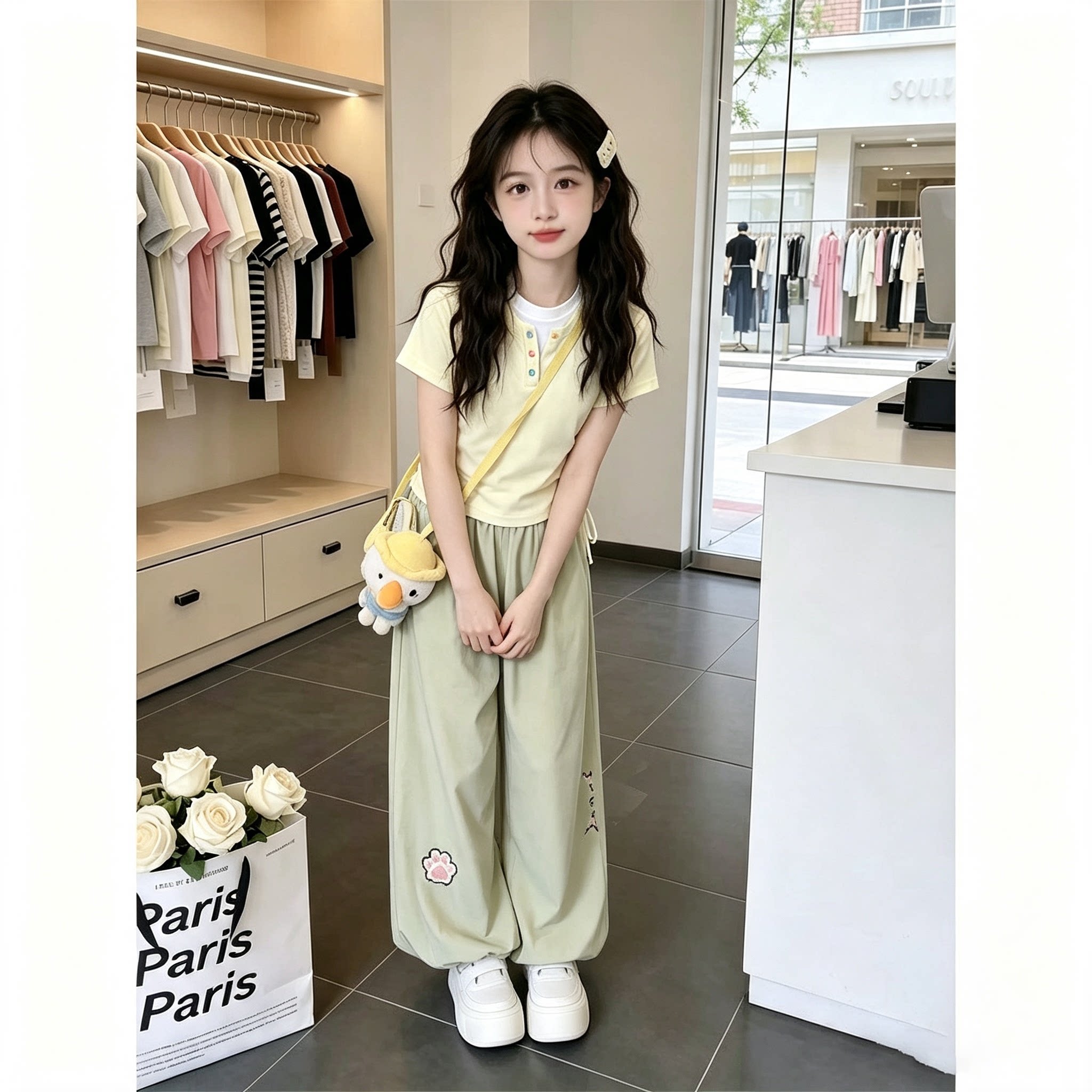 2026夏季新款女童时尚假两件短袖长裤套装中大童夏装灯笼裤两件
