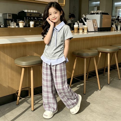 2026夏季新款女童假两件短袖套装中大童韩版甜美格子裤夏装两件套