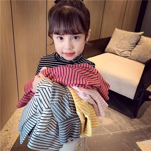 儿童条纹德绒打底衫男童半高领长袖内搭女童洋气秋冬保暖舒适上衣