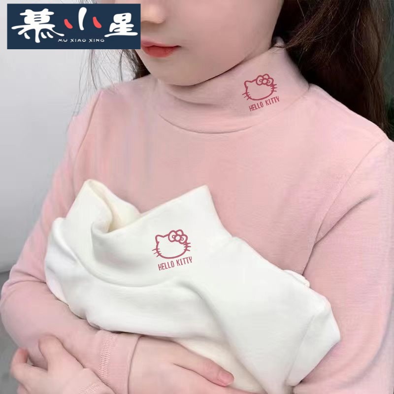 儿童宝宝2025德绒打底衫秋冬女童洋气kitty猫印花半高领保暖上衣