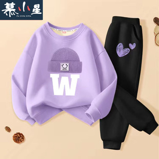 女童加绒卫衣套装女大童秋冬2023新款冬季一体绒加厚卫衣儿童冬装