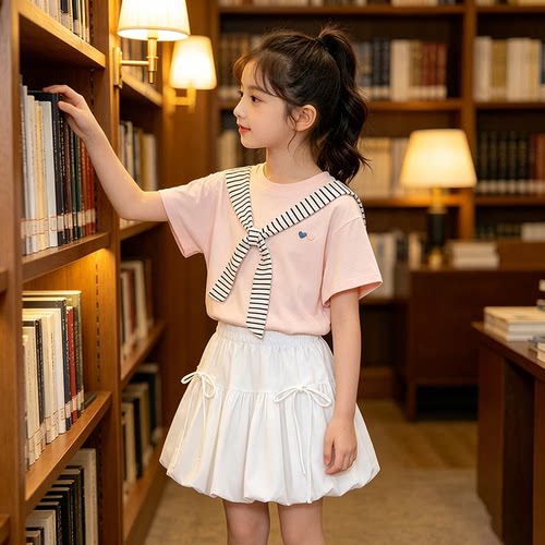 2026夏季新款女童披肩短袖套装中大童洋气花苞裙韩系上衣两件套薄