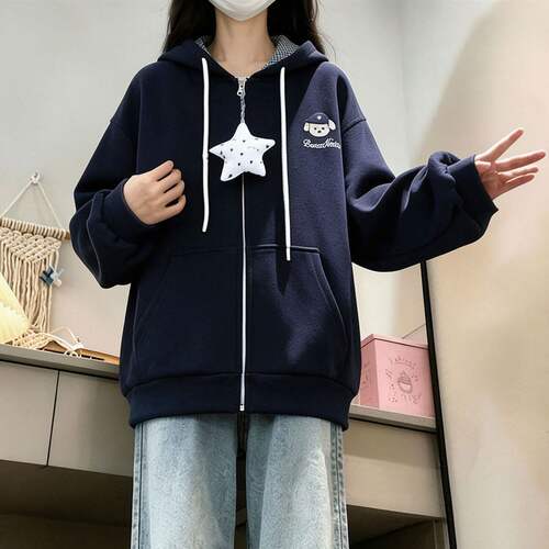 2026新女童时髦儿童连帽外套宽松时尚学院风卡通薄款开衫卫衣秋冬