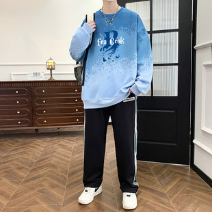 【100%纯棉】青少年阔版美式撞色渐变长袖卫衣套装