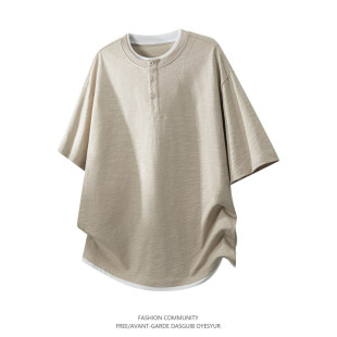 2603 T恤 潮牌亨利领100%纯棉假两件短袖