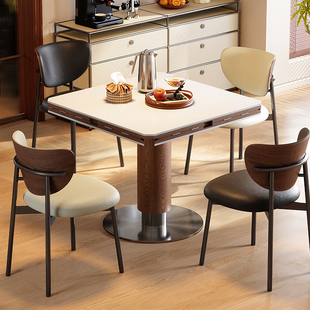 梵创 正方形折叠岩板餐桌中古风方圆两用实木伸缩圆桌包豪斯饭桌