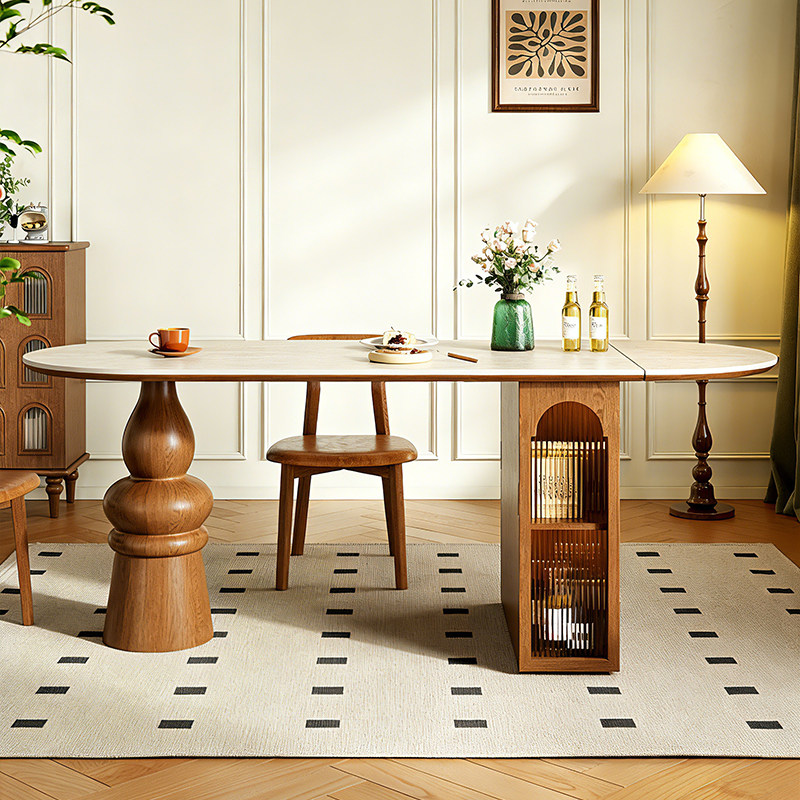 梵创 法式复古岛台餐桌可伸缩折叠白蜡木实木多功能中古洞石饭桌