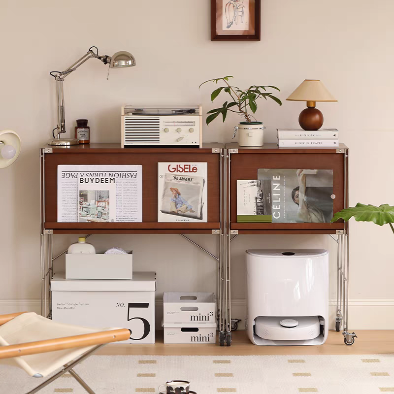 梵创 复古实木翻门储物书柜日式客厅扫地机器人置物架移动