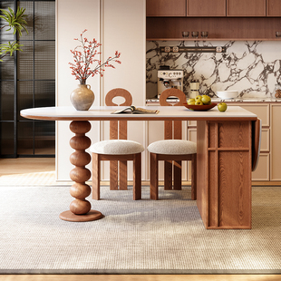 梵创 复古中古风实洞石岩板餐桌椭圆形可折叠储物木吃饭桌子 法式