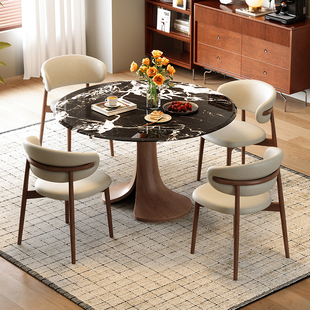 梵创 天然大理石圆餐桌家用实木脚轻奢现代简约饭桌洽谈桌椅组合