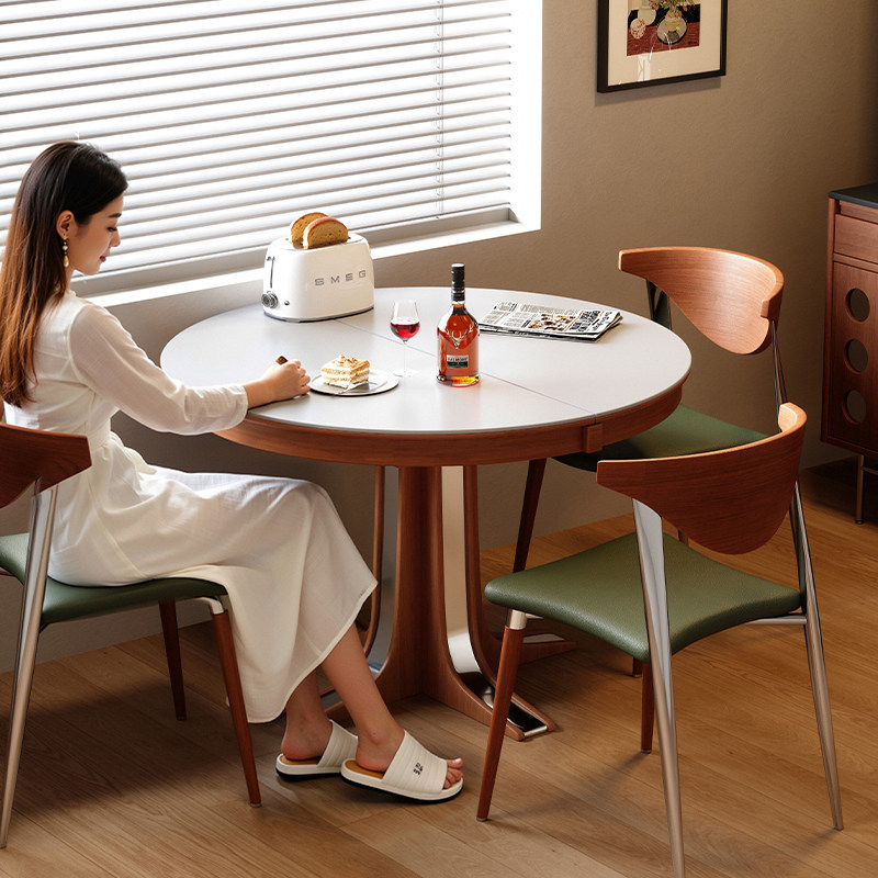 梵创 中古风岩板伸缩餐桌圆形实木法式小户型圆桌客厅折叠饭桌子,住宅家具,岩板餐桌,淘宝优惠券,粉丝福利购,淘宝优惠卷