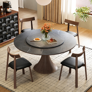 梵创 中古风实木带转盘餐桌家用小户型岩板圆桌客厅吃饭桌椅组合