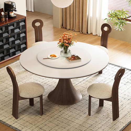 中古风岩板带转盘餐桌家用小户型