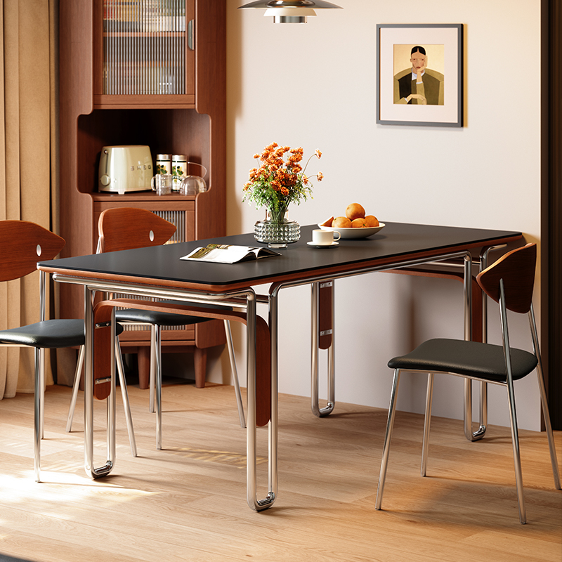 德利丰黑色岩板餐桌长方形包豪斯