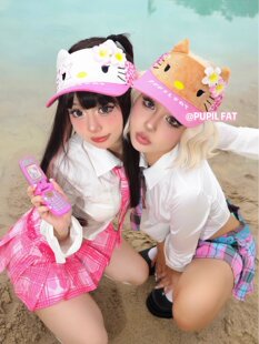 PUPIL FAT原创自制恶搞夏威夷黑皮Kitty毛绒空顶帽夏日甜酷