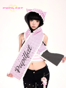 PUPILFAT原创可爱猫耳蕾丝拼接波点双面烫钻围巾帽子