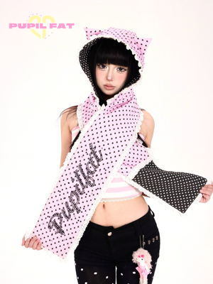 PUPILFAT原创可爱猫耳蕾丝拼接波点双面烫钻围巾帽子