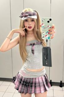 【售无展示】PUPILFAT原创灰粉学院风抹胸可爱辣妹百褶短裙套装