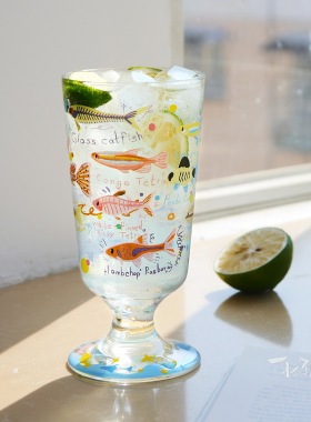 海洋杯多彩热带小鱼游动网红高脚玻璃杯子高颜值冰淇淋甜品杯水杯