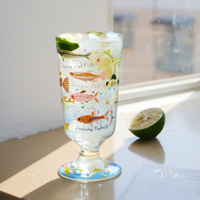 海洋杯多彩热带小鱼游动网红高脚玻璃杯子高颜值冰淇淋甜品杯水杯