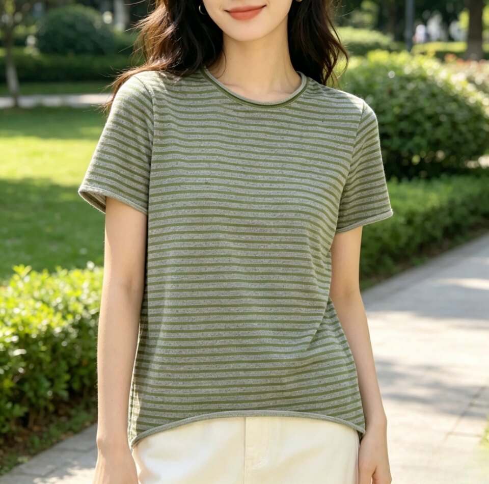 2026新款条纹高级感短袖T恤夏季新款女装时尚圆领洋气上衣XQ9379
