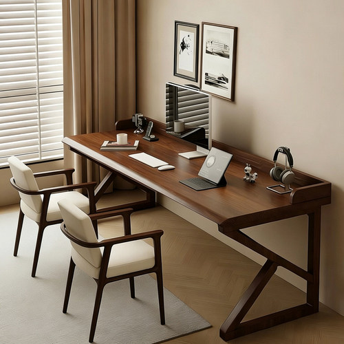 双人电脑桌卧室家用带围挡实木桌