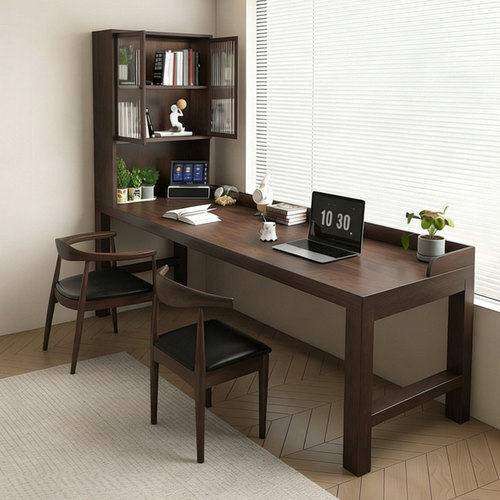 实木书桌书柜一体靠墙双人电脑桌