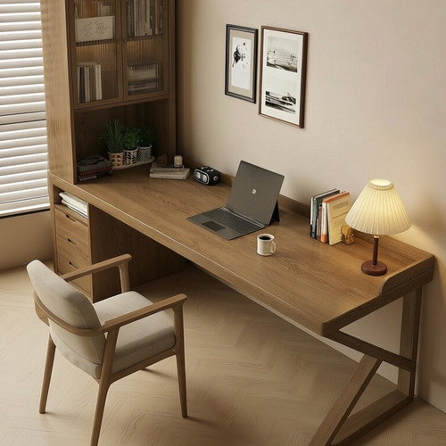 实木书桌书柜一体靠墙带抽屉