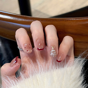 高品质纯手工圣诞岛节日气氛酒红法式 穿戴甲秋冬美拉德显白美甲