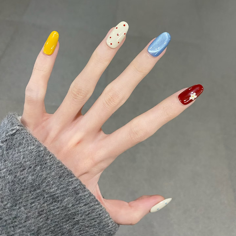 【彩虹糖果】多巴胺波点猫眼美甲中长款显白纯手工穿戴甲2026新款