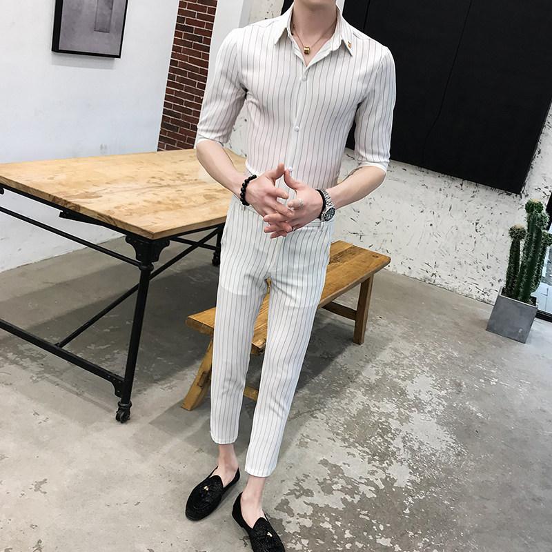 夏季男士条纹衬衫套装P100,男装衬衫,星座407-1