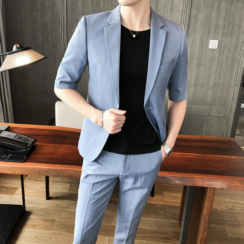 条纹七分袖西装套装夏季商务高级感男装英伦雅痞休闲西服外套P150,男装西服,星座407-1