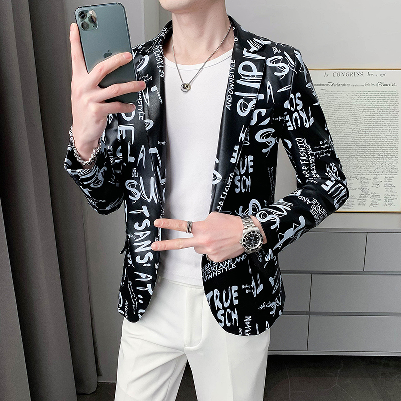 潮牌时尚网红字母印花轻奢修身单排扣男西装P130，男装西服，星座407-1