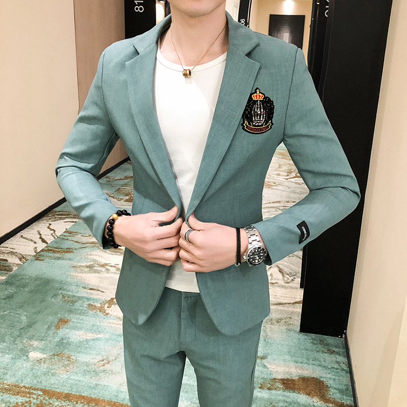 男士英伦风修身刺绣西服套装P155,男装西服套装,星座407-1