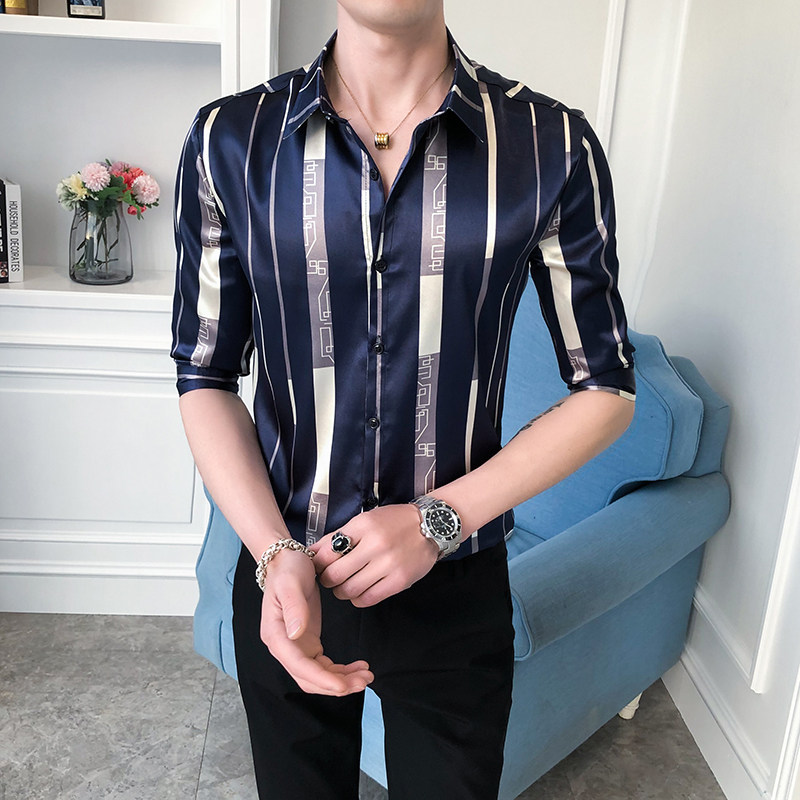 夏季男士修身条纹中袖衬衫P55,男装衬衫,星座407-1