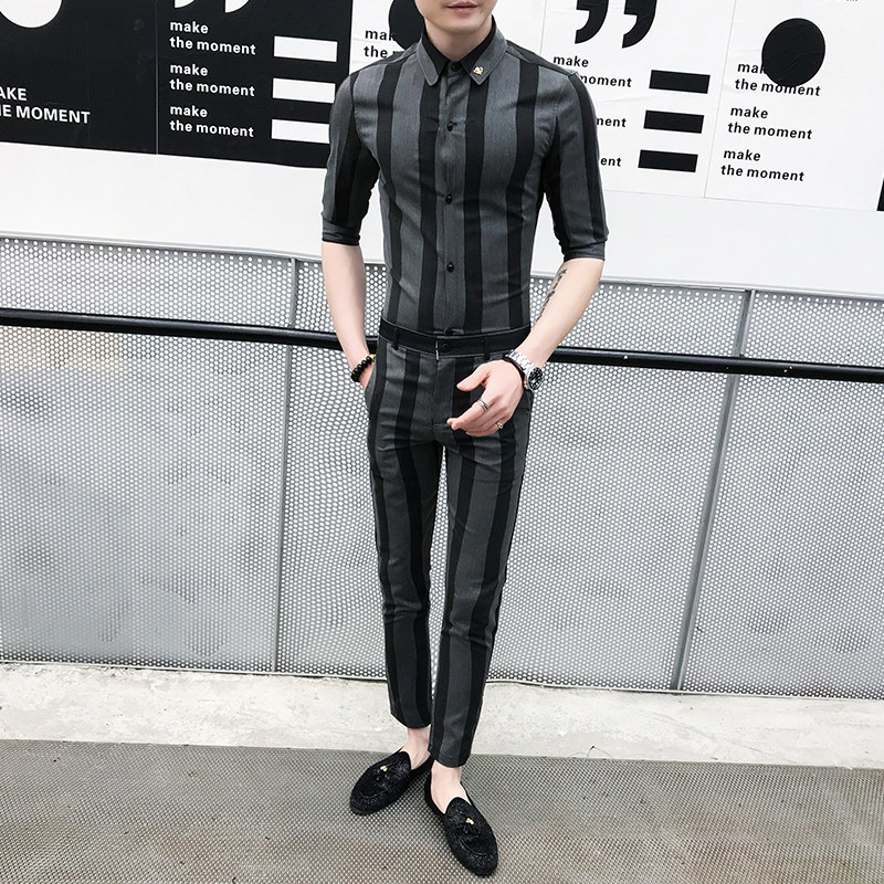 夏季男士衬衫修身中袖七分袖潮流休闲帅气P100,男装衬衫,星座407-1