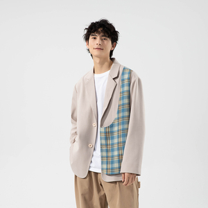 青年男士单排扣纯色格子拼接休闲外套P180，女装短外套，星座407-1