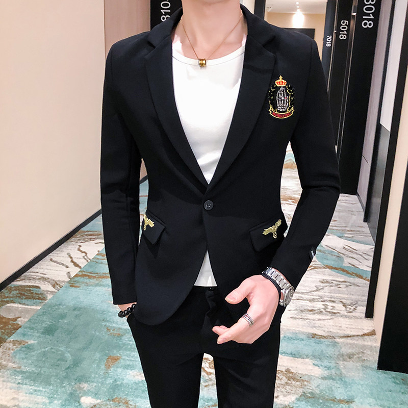 男士英伦风修身刺绣西服套装P155,男装西服套装,星座407-1