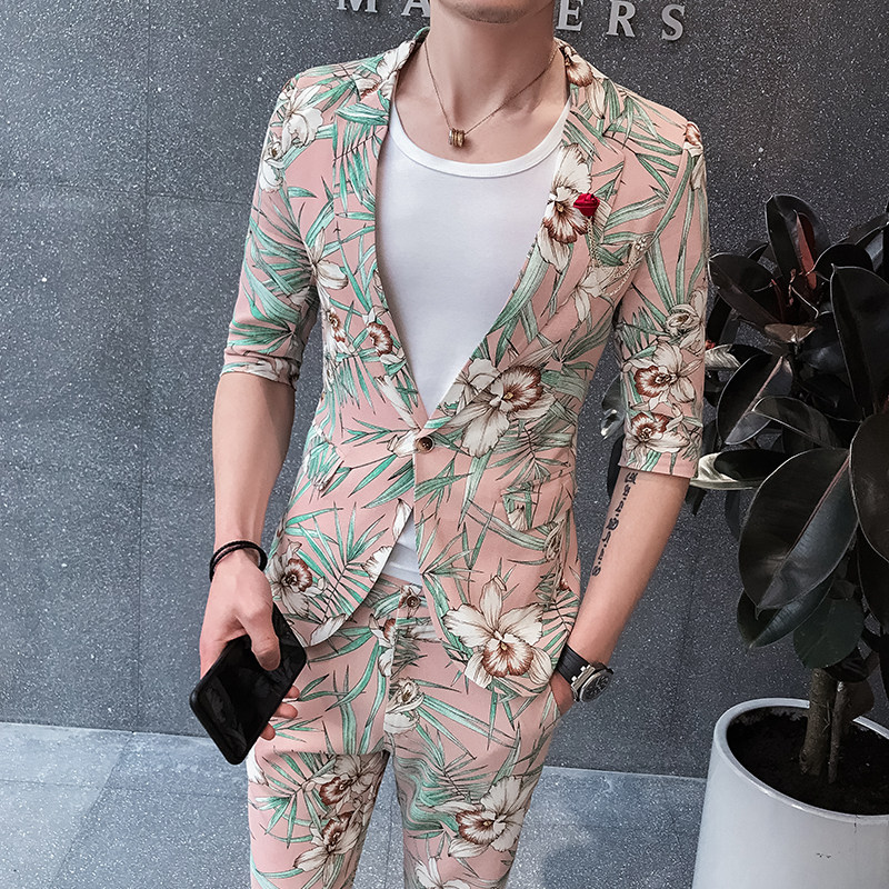 时尚修身小伙印花中袖西服套装P135,男装西服套装,星座407-1