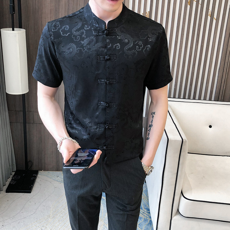 风男士短袖修身尖领龙纹衬衫P55,男装T恤,星座407-1