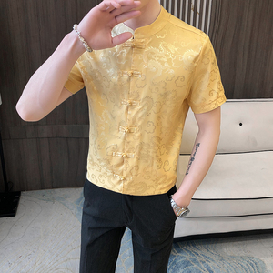 风男士短袖修身尖领龙纹衬衫P55图片