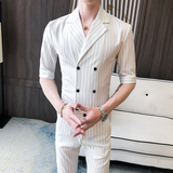 夏季男士双扣修身中袖条纹衬衫西服套装P130，男装西服套装，星座407-1